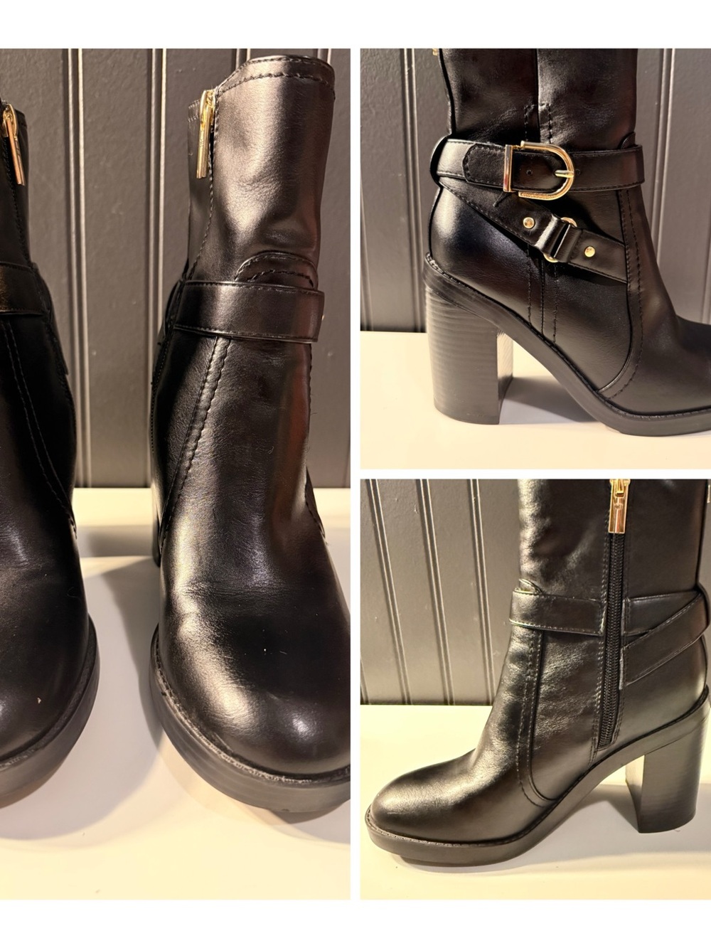 Womens  Black Leather Mid-Calf Heeled Boots
